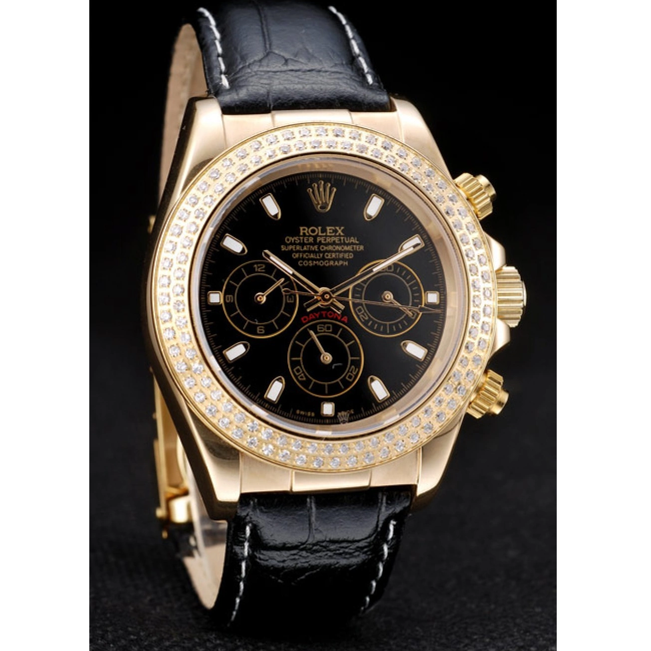 MiroTime 0819 Rolex Daytona Gold Case Crystal Studded Bezel Black Dial